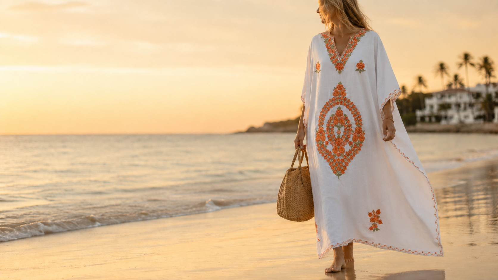 The Hamptons Kaftan — woman on the shore at golden hour